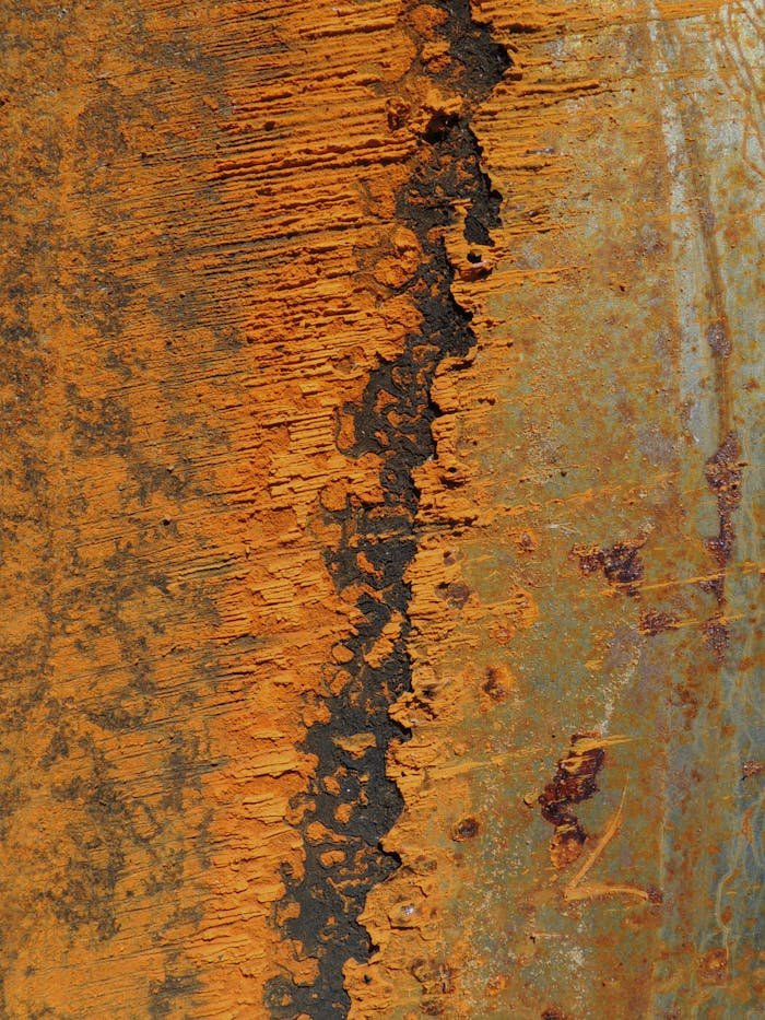 hero-img-01 Detailed close-up of a rusty metal surface with peeling orange and black textures.